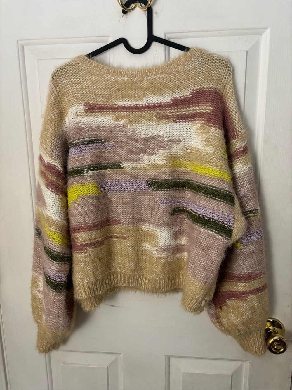 Pilcro Multicolor Fuzzy Knit Crewneck Sweater in Beige, Pink & Olive - Picture 2 of 4